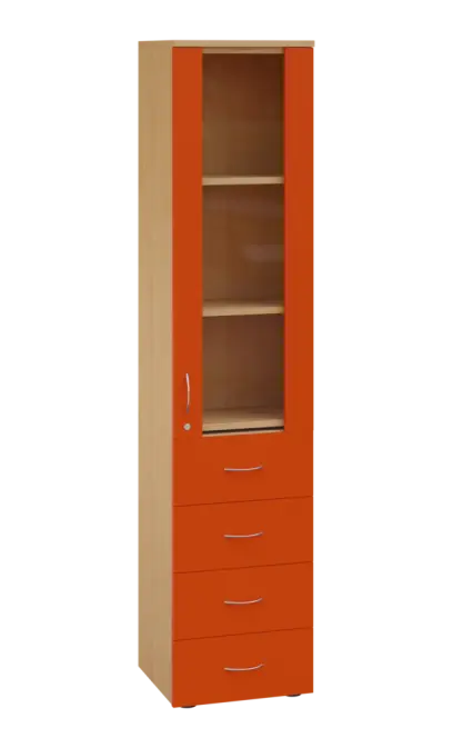 LE - 44 skříň léková prosklená, pravá, korpus javor horský, dvířka mandarinka